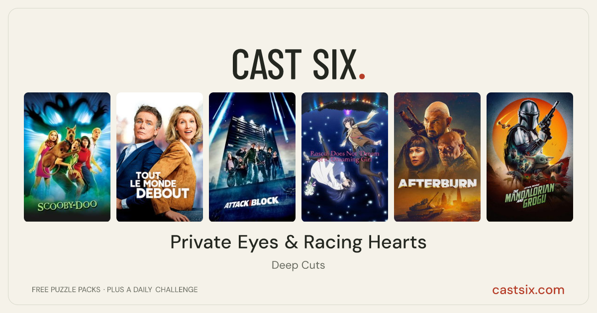 Private Eyes & Racing Hearts: a Cast Six movie puzzle. Six movie posters in a row: Scooby-Doo, Rolling to You, Attack the Block, Rascal Does Not Dream of a Dreaming Girl, Afterburn, The Mandalorian and Grogu. Six movies, six categories, three checks. Free to play at castsix.com.