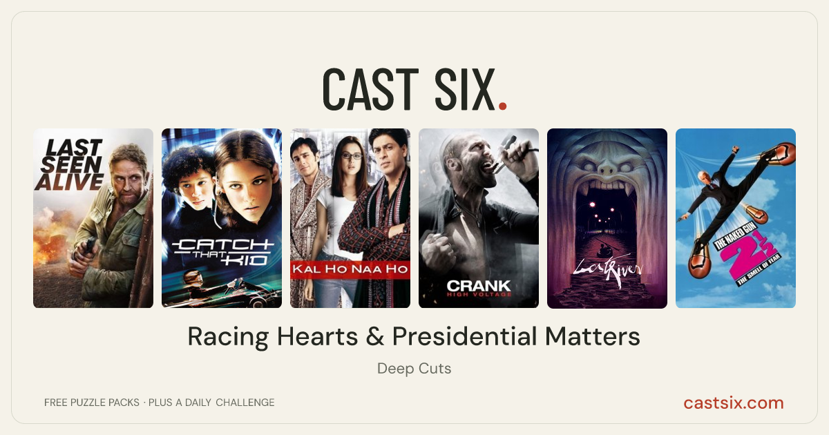 Racing Hearts & Presidential Matters: a Cast Six movie puzzle. Six movie posters in a row: Last Seen Alive, Catch That Kid, Kal Ho Naa Ho, Crank: High Voltage, Lost River, The Naked Gun 2½: The Smell of Fear. Six movies, six categories, three checks. Free to play at castsix.com.