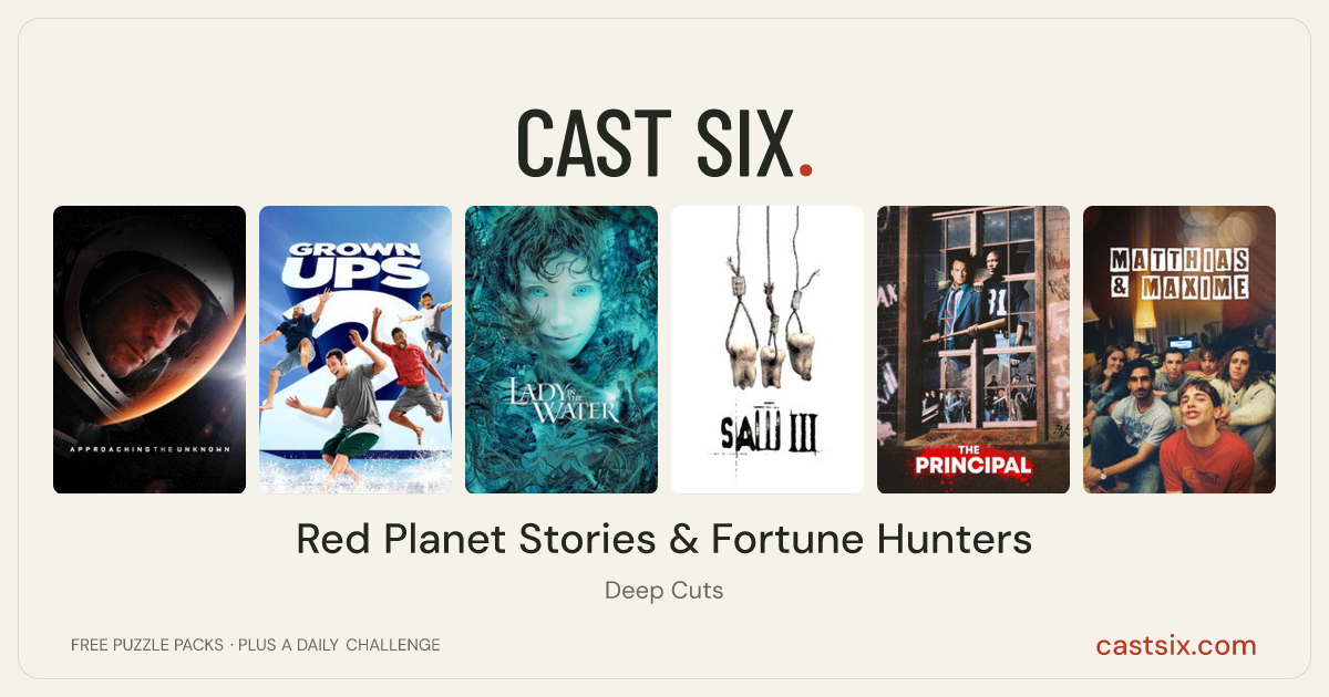Red Planet Stories & Fortune Hunters: a Cast Six movie puzzle. Six movie posters in a row: Approaching the Unknown, Grown Ups 2, Lady in the Water, Saw III, The Principal, Matthias & Maxime. Six movies, six categories, three checks. Free to play at castsix.com.