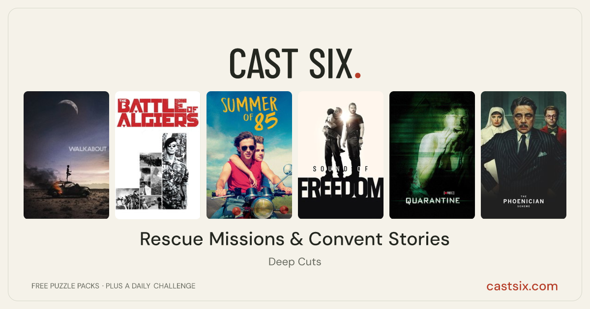 Rescue Missions & Convent Stories: a Cast Six movie puzzle. Six movie posters in a row: Walkabout, The Battle of Algiers, Summer of 85, Sound of Freedom, Quarantine, The Phoenician Scheme. Six movies, six categories, three checks. Free to play at castsix.com.