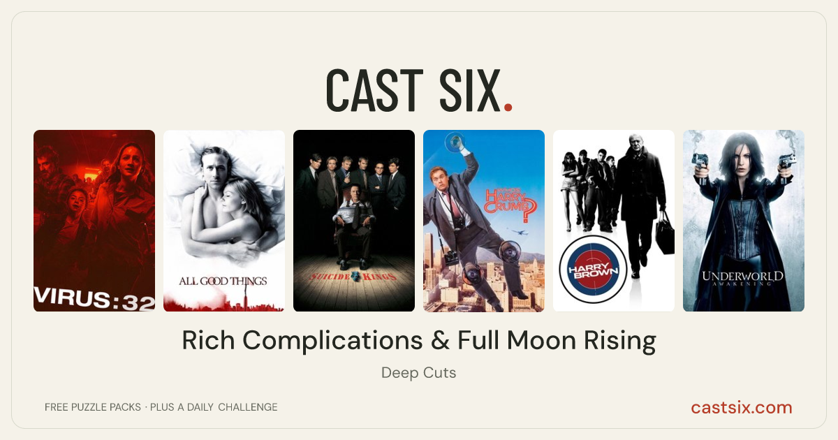 Rich Complications & Full Moon Rising: a Cast Six movie puzzle. Six movie posters in a row: Virus: 32, All Good Things, Suicide Kings, Who's Harry Crumb?, Harry Brown, Underworld: Awakening. Six movies, six categories, three checks. Free to play at castsix.com.