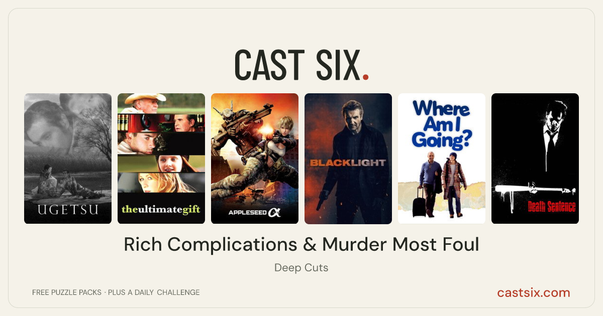 Rich Complications & Murder Most Foul: a Cast Six movie puzzle. Six movie posters in a row: Ugetsu, The Ultimate Gift, Appleseed Alpha, Blacklight, Where Am I Going?, Death Sentence. Six movies, six categories, three checks. Free to play at castsix.com.