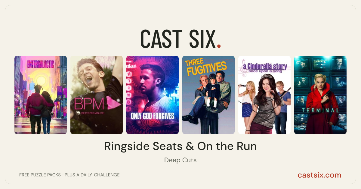 Ringside Seats & On the Run: a Cast Six movie puzzle. Six movie posters in a row: Entergalactic, BPM (Beats per Minute), Only God Forgives, Three Fugitives, A Cinderella Story: Once Upon a Song, Terminal. Six movies, six categories, three checks. Free to play at castsix.com.
