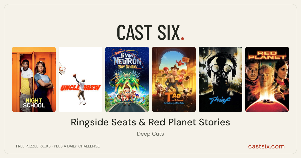 Ringside Seats & Red Planet Stories: a Cast Six movie puzzle. Six movie posters in a row: Night School, Uncle Drew, Jimmy Neutron: Boy Genius, Tad, the Lost Explorer, and the Secret of King Midas, Thief, Red Planet. Six movies, six categories, three checks. Free to play at castsix.com.