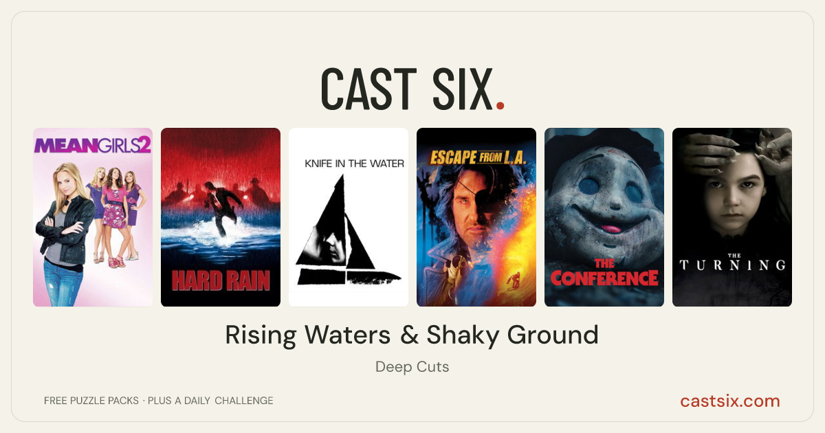 Rising Waters & Shaky Ground: a Cast Six movie puzzle. Six movie posters in a row: Mean Girls 2, Hard Rain, Knife in the Water, Escape from L.A., The Conference, The Turning. Six movies, six categories, three checks. Free to play at castsix.com.