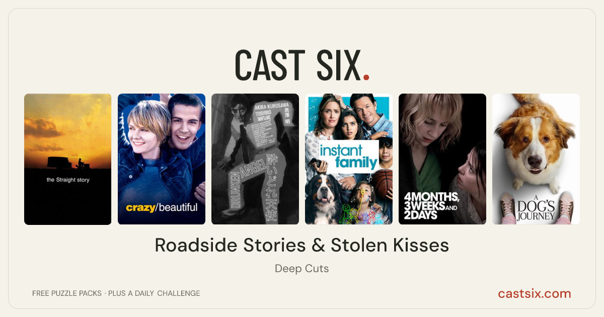 Roadside Stories & Stolen Kisses: a Cast Six movie puzzle. Six movie posters in a row: The Straight Story, Crazy/Beautiful, Drunken Angel, Instant Family, 4 Months, 3 Weeks and 2 Days, A Dog's Journey. Six movies, six categories, three checks. Free to play at castsix.com.