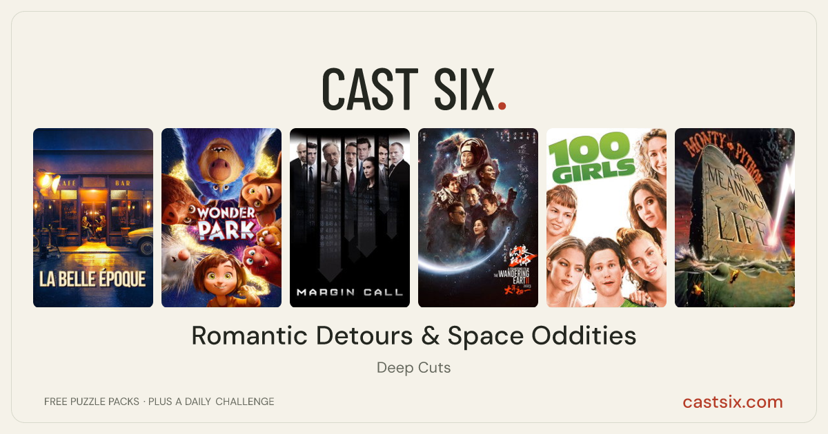 Romantic Detours & Space Oddities: a Cast Six movie puzzle. Six movie posters in a row: La Belle Époque, Wonder Park, Margin Call, The Wandering Earth II, 100 Girls, Monty Python's The Meaning of Life. Six movies, six categories, three checks. Free to play at castsix.com.