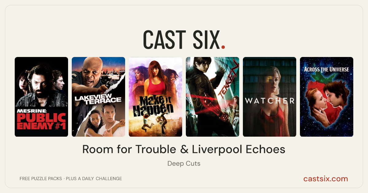 Room for Trouble & Liverpool Echoes: a Cast Six movie puzzle. Six movie posters in a row: Mesrine: Public Enemy #1, Lakeview Terrace, Make It Happen, Tekken, Watcher, Across the Universe. Six movies, six categories, three checks. Free to play at castsix.com.
