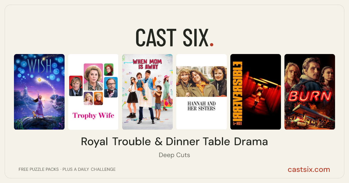 Royal Trouble & Dinner Table Drama: a Cast Six movie puzzle. Six movie posters in a row: Wish, Trophy Wife, When Mom Is Away, Hannah and Her Sisters, Irreversible, Burn. Six movies, six categories, three checks. Free to play at castsix.com.