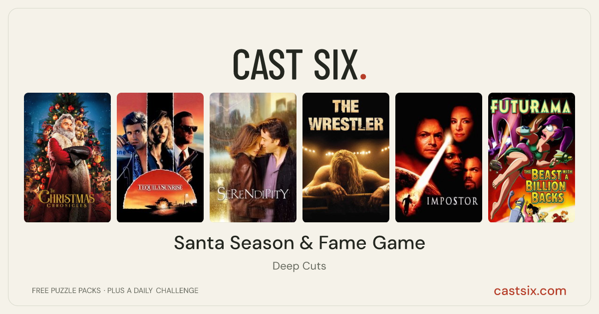 Santa Season & Fame Game: a Cast Six movie puzzle. Six movie posters in a row: The Christmas Chronicles, Tequila Sunrise, Serendipity, The Wrestler, Impostor, Futurama: The Beast with a Billion Backs. Six movies, six categories, three checks. Free to play at castsix.com.