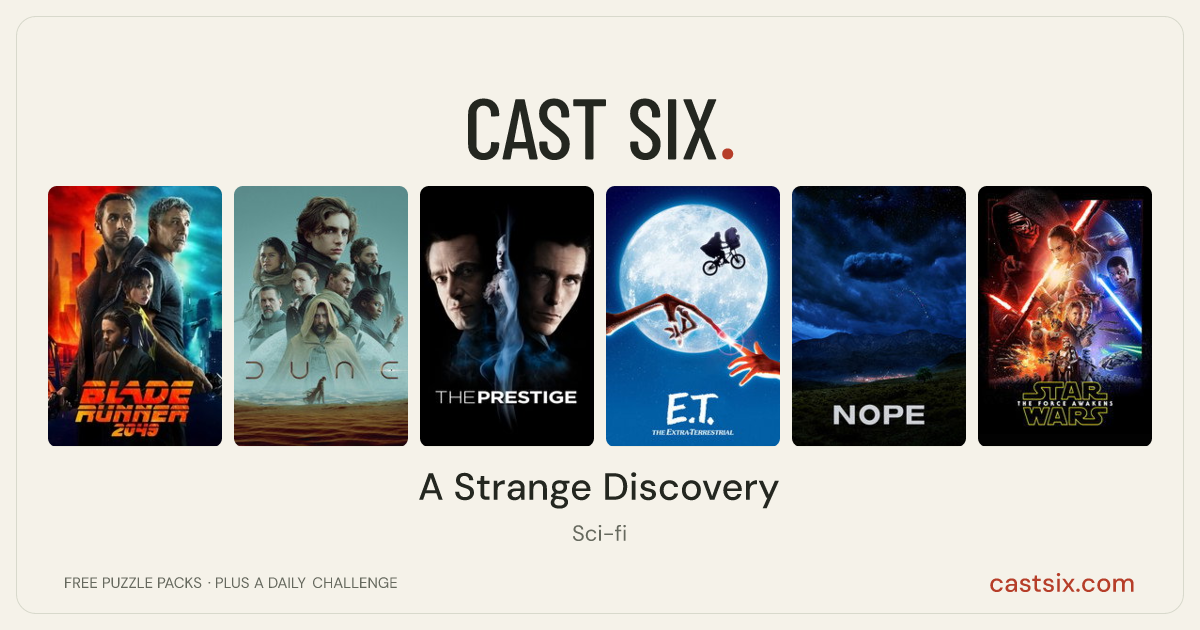 A Strange Discovery: a Cast Six movie puzzle. Six movie posters in a row: Blade Runner 2049, Dune, The Prestige, E.T. the Extra-Terrestrial, Nope, Star Wars: The Force Awakens. Six movies, six categories, three checks. Free to play at castsix.com.