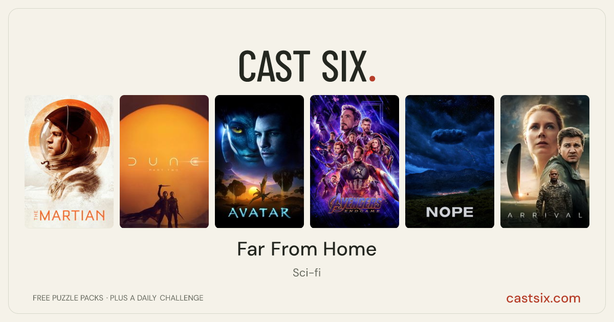 Far From Home: a Cast Six movie puzzle. Six movie posters in a row: The Martian, Dune: Part Two, Avatar, Avengers: Endgame, Nope, Arrival. Six movies, six categories, three checks. Free to play at castsix.com.