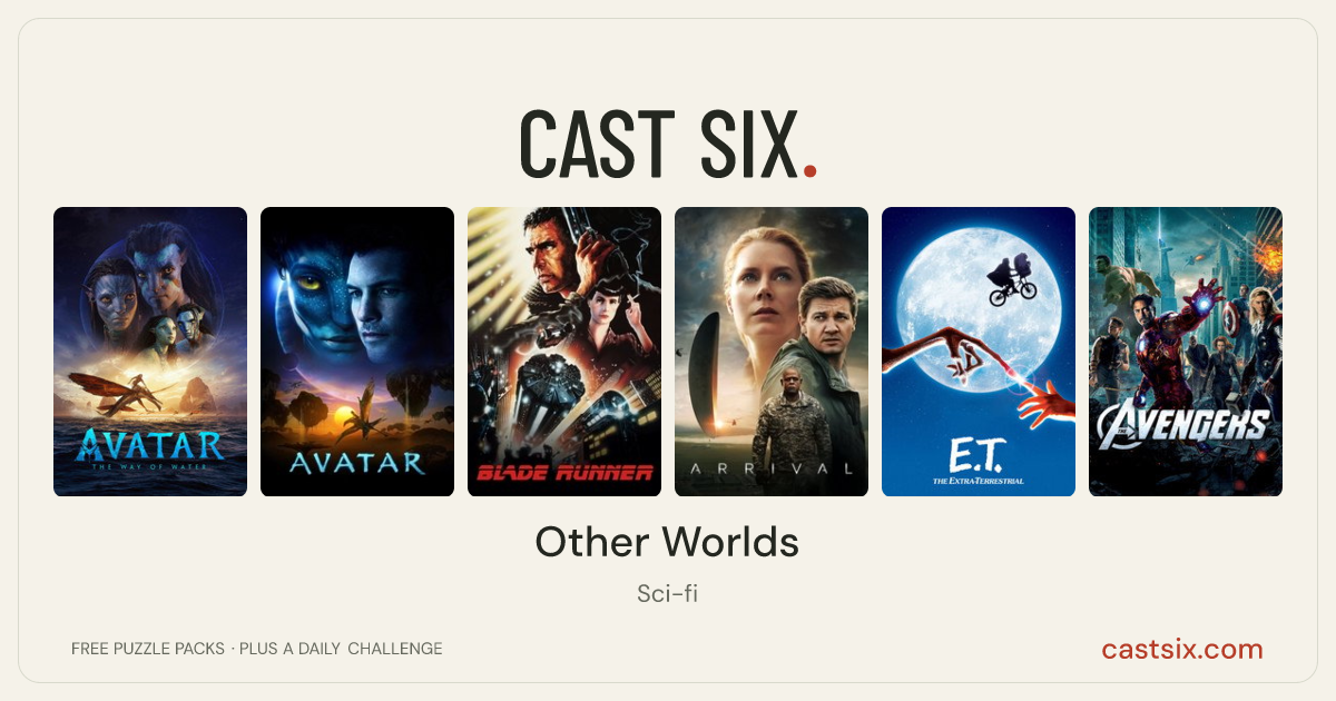 Other Worlds: a Cast Six movie puzzle. Six movie posters in a row: Avatar: The Way of Water, Avatar, Blade Runner, Arrival, E.T. the Extra-Terrestrial, The Avengers. Six movies, six categories, three checks. Free to play at castsix.com.