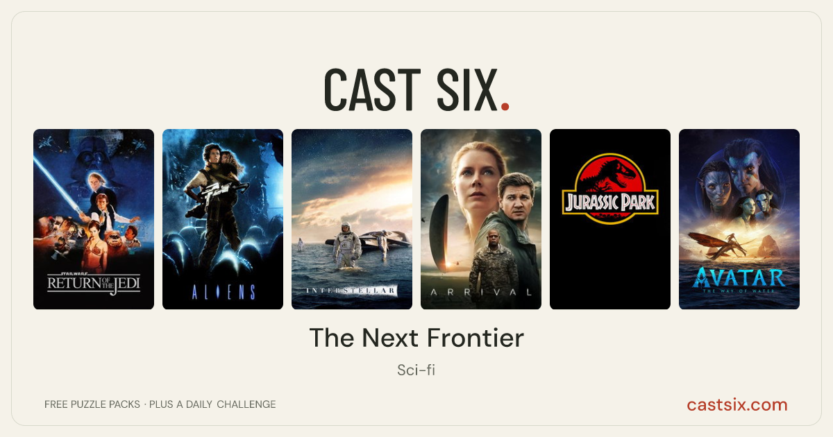 The Next Frontier: a Cast Six movie puzzle. Six movie posters in a row: Return of the Jedi, Aliens, Interstellar, Arrival, Jurassic Park, Avatar: The Way of Water. Six movies, six categories, three checks. Free to play at castsix.com.