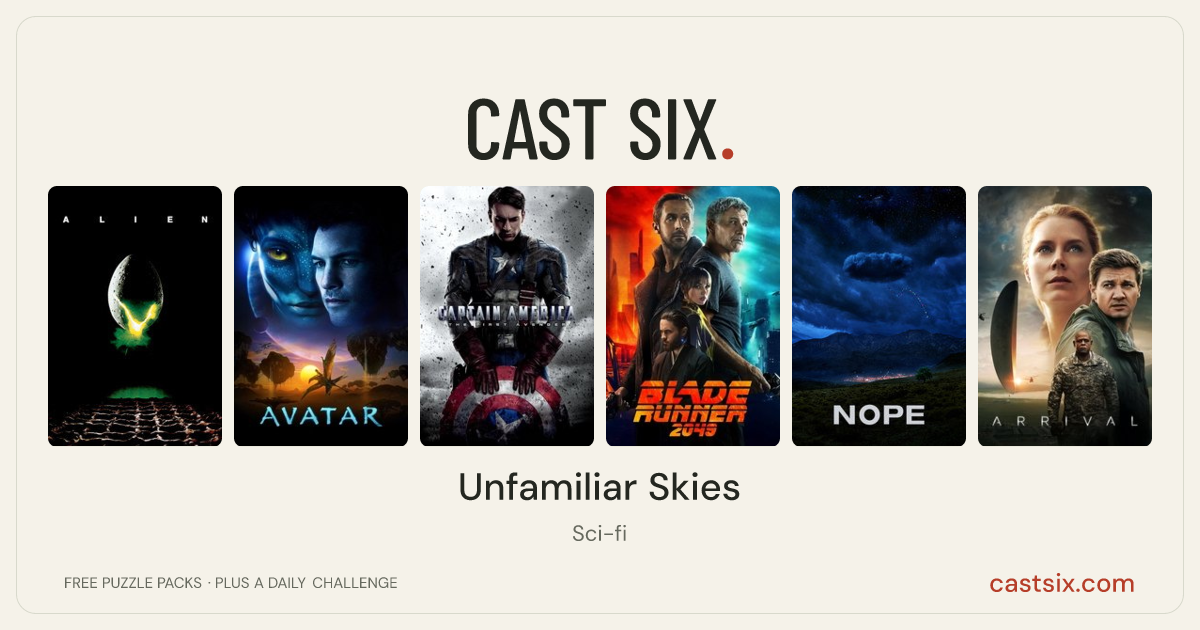Unfamiliar Skies: a Cast Six movie puzzle. Six movie posters in a row: Alien, Avatar, Captain America: The First Avenger, Blade Runner 2049, Nope, Arrival. Six movies, six categories, three checks. Free to play at castsix.com.