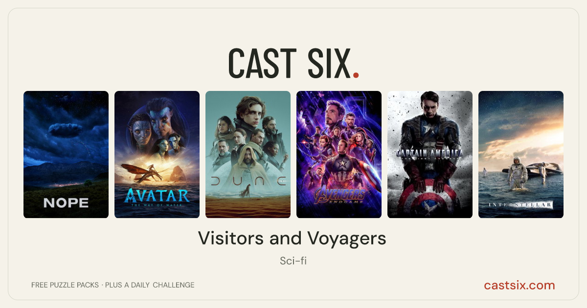 Visitors and Voyagers: a Cast Six movie puzzle. Six movie posters in a row: Nope, Avatar: The Way of Water, Dune, Avengers: Endgame, Captain America: The First Avenger, Interstellar. Six movies, six categories, three checks. Free to play at castsix.com.