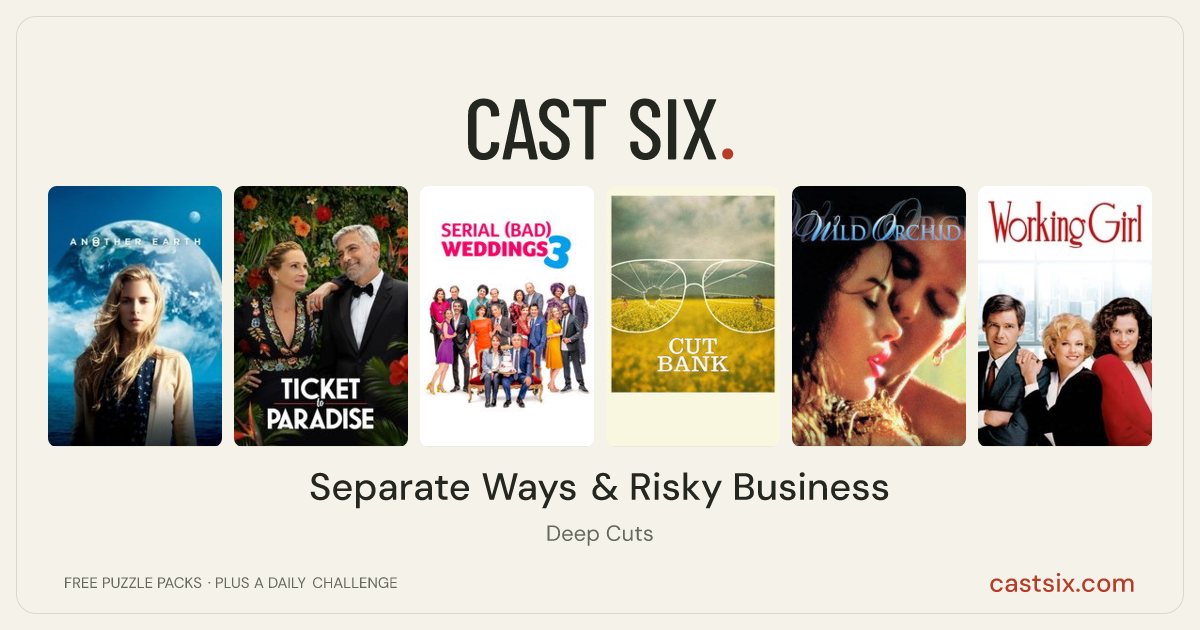 Separate Ways & Risky Business: a Cast Six movie puzzle. Six movie posters in a row: Another Earth, Ticket to Paradise, Serial (Bad) Weddings 3, Cut Bank, Wild Orchid, Working Girl. Six movies, six categories, three checks. Free to play at castsix.com.