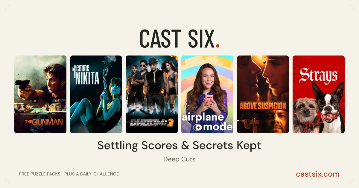 Settling Scores & Secrets Kept: a Cast Six movie puzzle. Six movie posters in a row: The Gunman, Nikita, Dhoom 3, Airplane Mode, Above Suspicion, Strays. Six movies, six categories, three checks. Free to play at castsix.com.
