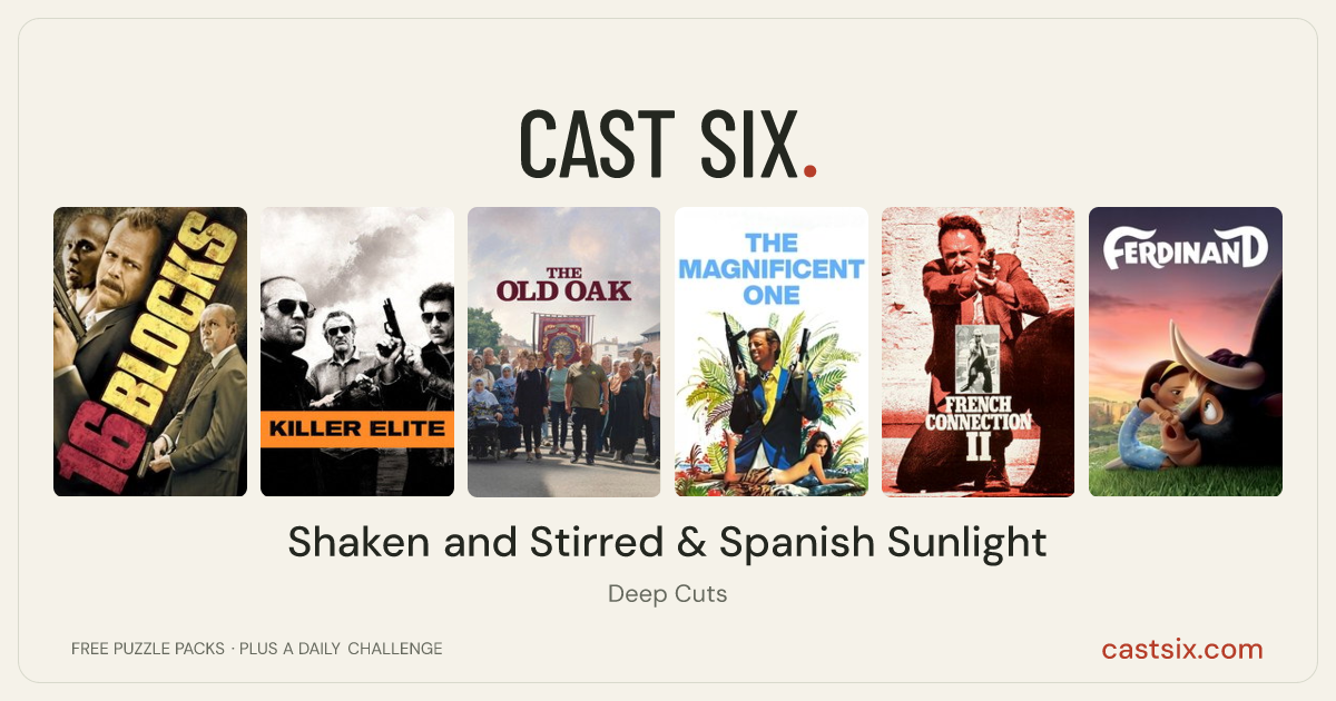 Shaken and Stirred & Spanish Sunlight: a Cast Six movie puzzle. Six movie posters in a row: 16 Blocks, Killer Elite, The Old Oak, The Magnificent One, French Connection II, Ferdinand. Six movies, six categories, three checks. Free to play at castsix.com.