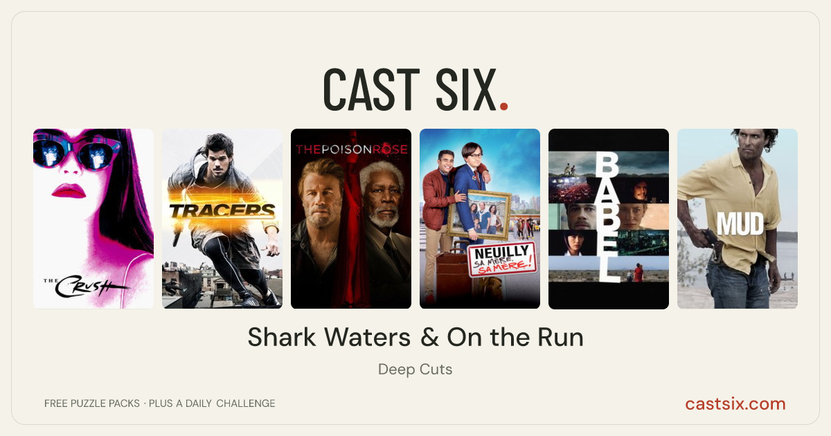 Shark Waters & On the Run: a Cast Six movie puzzle. Six movie posters in a row: The Crush, Tracers, The Poison Rose, Neuilly sa mère, sa mère !, Babel, Mud. Six movies, six categories, three checks. Free to play at castsix.com.