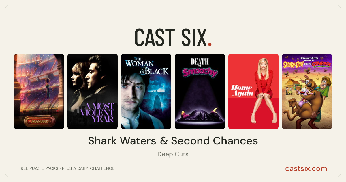 Shark Waters & Second Chances: a Cast Six movie puzzle. Six movie posters in a row: Underdogs, A Most Violent Year, The Woman in Black, Death to Smoochy, Home Again, Straight Outta Nowhere: Scooby-Doo! Meets Courage the Cowardly Dog. Six movies, six categories, three checks. Free to play at castsix.com.