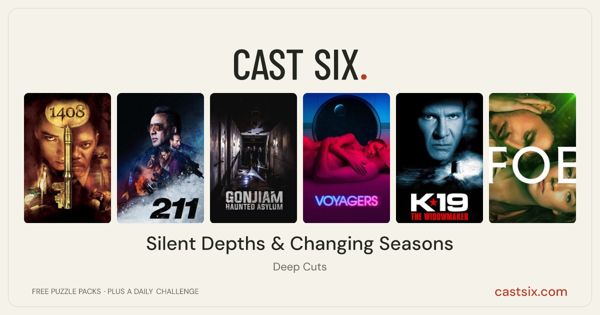 Silent Depths & Changing Seasons: a Cast Six movie puzzle. Six movie posters in a row: 1408, 211, Gonjiam: Haunted Asylum, Voyagers, K-19: The Widowmaker, Foe. Six movies, six categories, three checks. Free to play at castsix.com.