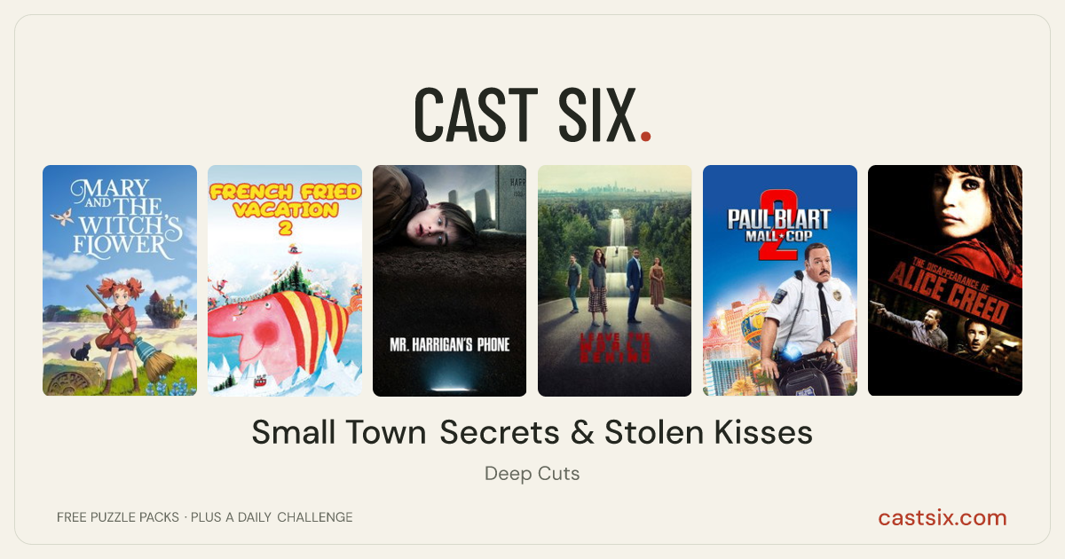 Small Town Secrets & Stolen Kisses: a Cast Six movie puzzle. Six movie posters in a row: Mary and The Witch's Flower, French Fried Vacation 2, Mr. Harrigan's Phone, Leave the World Behind, Paul Blart: Mall Cop 2, The Disappearance of Alice Creed. Six movies, six categories, three checks. Free to play at castsix.com.