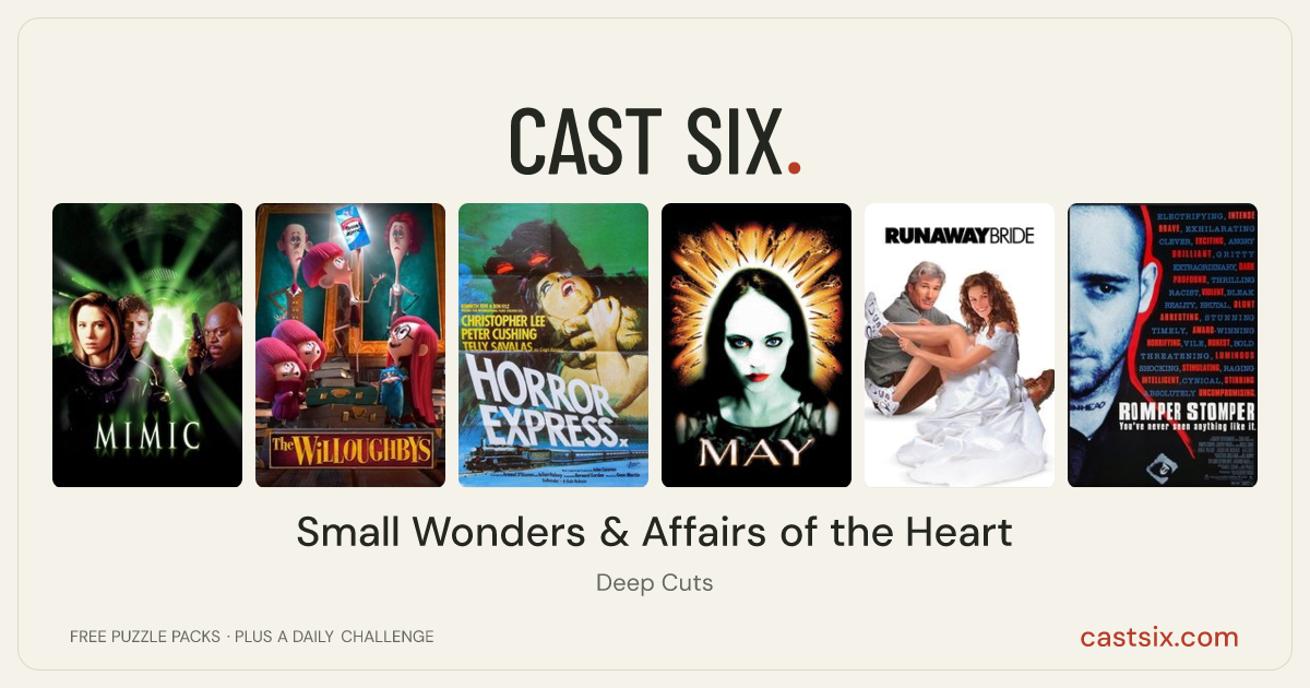Small Wonders & Affairs of the Heart: a Cast Six movie puzzle. Six movie posters in a row: Mimic, The Willoughbys, Horror Express, May, Runaway Bride, Romper Stomper. Six movies, six categories, three checks. Free to play at castsix.com.