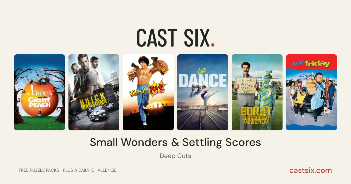 Small Wonders & Settling Scores: a Cast Six movie puzzle. Six movie posters in a row: James and the Giant Peach, Brick Mansions, Kung Pow: Enter the Fist, Let's Dance, Borat Subsequent Moviefilm: Delivery of Prodigious Bribe to American Regime for Make Benefit Once Glorious Nation of Kazakhstan, Next Friday. Six movies, six categories, three checks. Free to play at castsix.com.