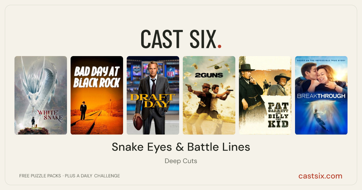 Snake Eyes & Battle Lines: a Cast Six movie puzzle. Six movie posters in a row: White Snake, Bad Day at Black Rock, Draft Day, 2 Guns, Pat Garrett & Billy the Kid, Breakthrough. Six movies, six categories, three checks. Free to play at castsix.com.