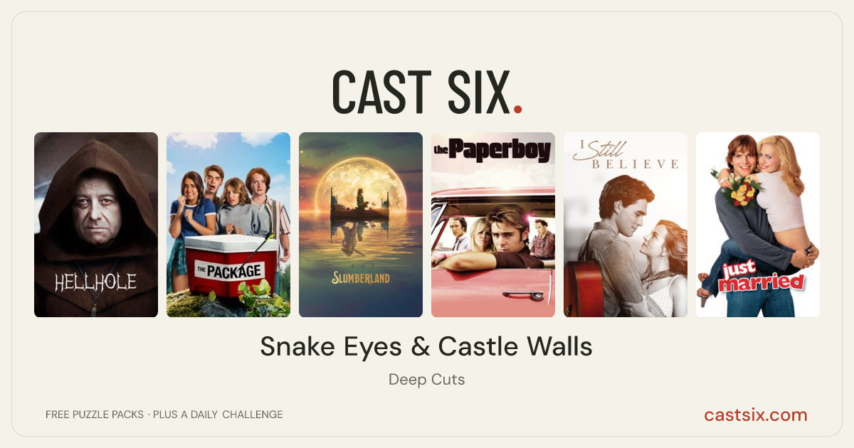 Snake Eyes & Castle Walls: a Cast Six movie puzzle. Six movie posters in a row: Hellhole, The Package, Slumberland, The Paperboy, I Still Believe, Just Married. Six movies, six categories, three checks. Free to play at castsix.com.