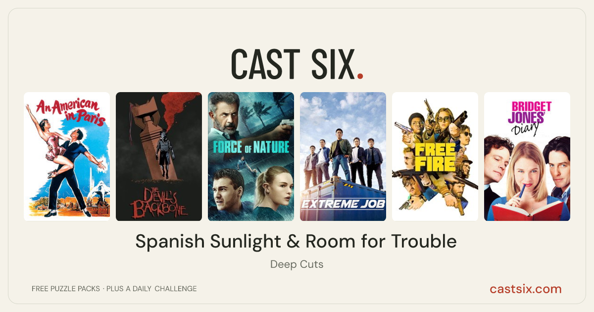 Spanish Sunlight & Room for Trouble: a Cast Six movie puzzle. Six movie posters in a row: An American in Paris, The Devil's Backbone, Force of Nature, Extreme Job, Free Fire, Bridget Jones's Diary. Six movies, six categories, three checks. Free to play at castsix.com.