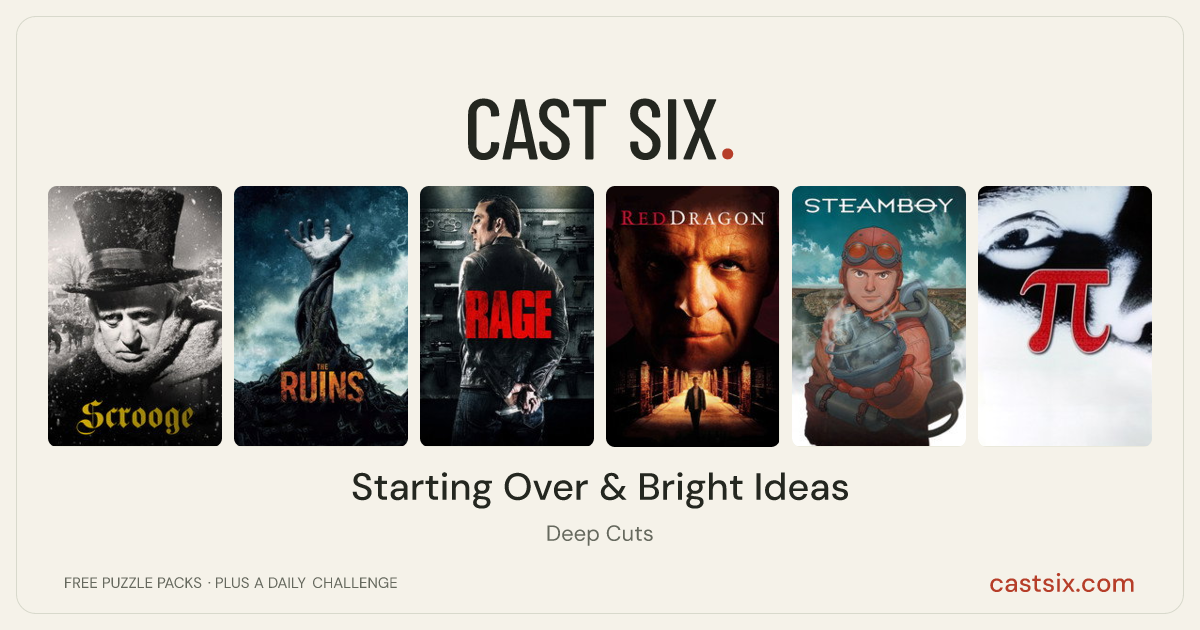 Starting Over & Bright Ideas: a Cast Six movie puzzle. Six movie posters in a row: Scrooge, The Ruins, Rage, Red Dragon, Steamboy, Pi. Six movies, six categories, three checks. Free to play at castsix.com.
