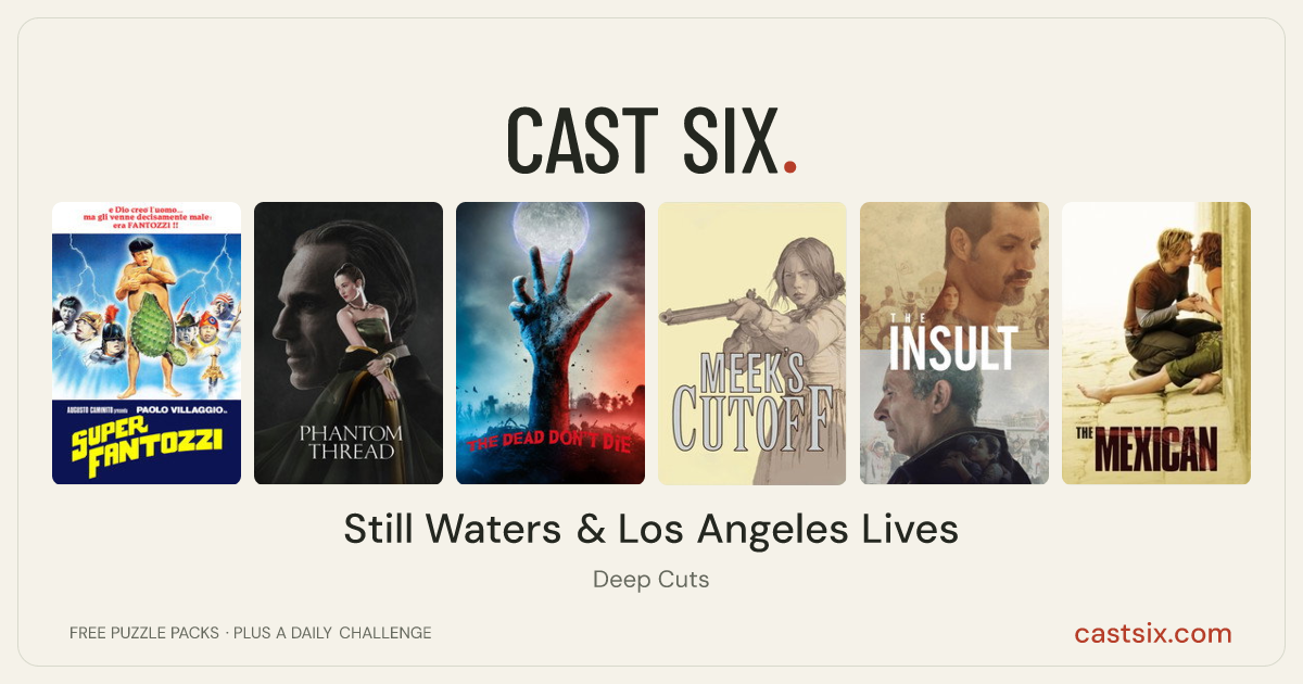 Still Waters & Los Angeles Lives: a Cast Six movie puzzle. Six movie posters in a row: Super Fantozzi, Phantom Thread, The Dead Don't Die, Meek's Cutoff, The Insult, The Mexican. Six movies, six categories, three checks. Free to play at castsix.com.
