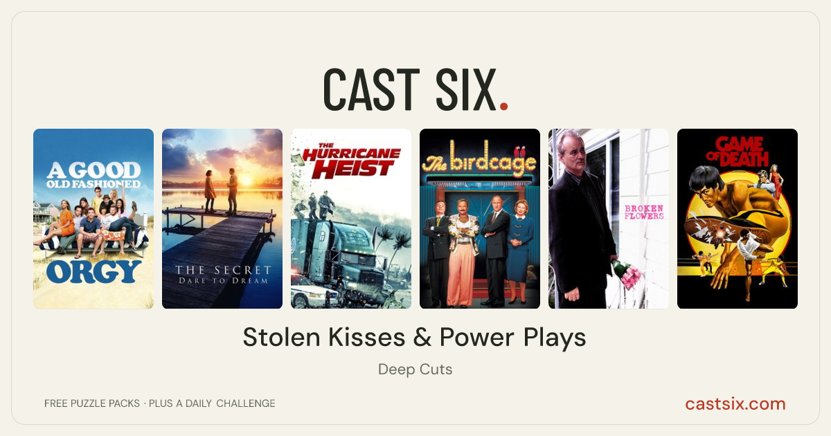 Stolen Kisses & Power Plays: a Cast Six movie puzzle. Six movie posters in a row: A Good Old Fashioned Orgy, The Secret: Dare to Dream, The Hurricane Heist, The Birdcage, Broken Flowers, Game of Death. Six movies, six categories, three checks. Free to play at castsix.com.