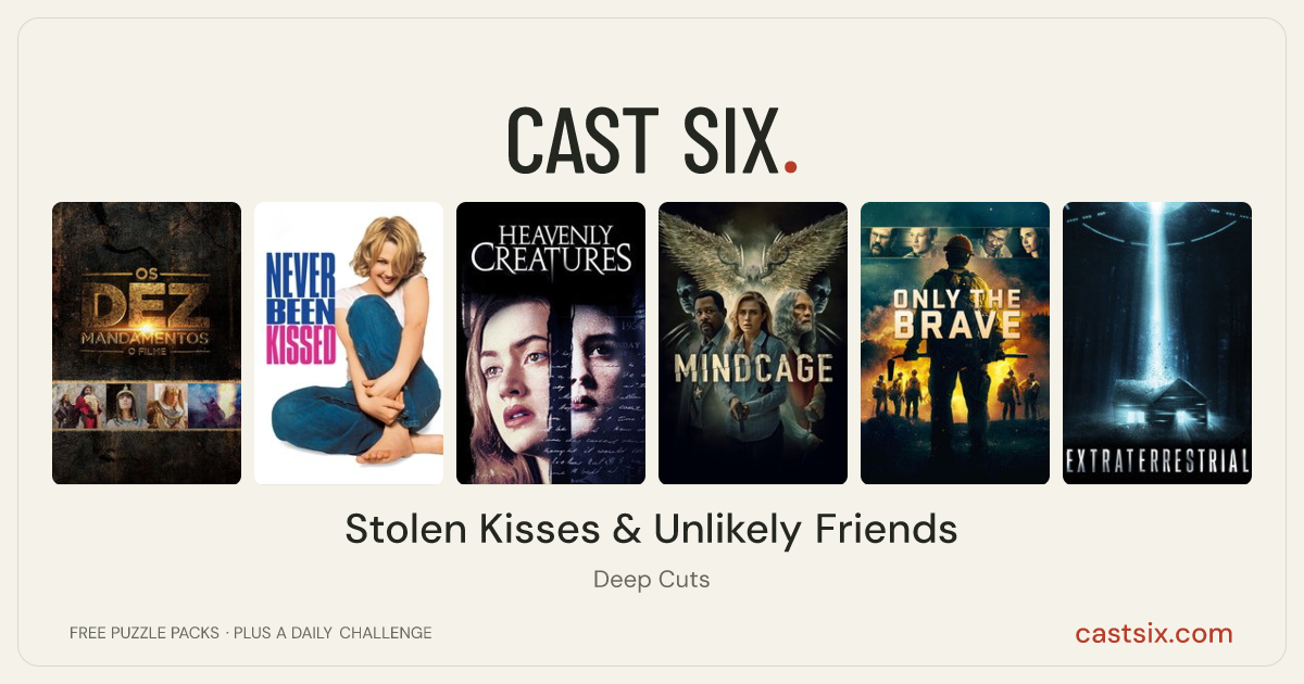 Stolen Kisses & Unlikely Friends: a Cast Six movie puzzle. Six movie posters in a row: The Ten Commandments: The Movie, Never Been Kissed, Heavenly Creatures, Mindcage, Only the Brave, Extraterrestrial. Six movies, six categories, three checks. Free to play at castsix.com.