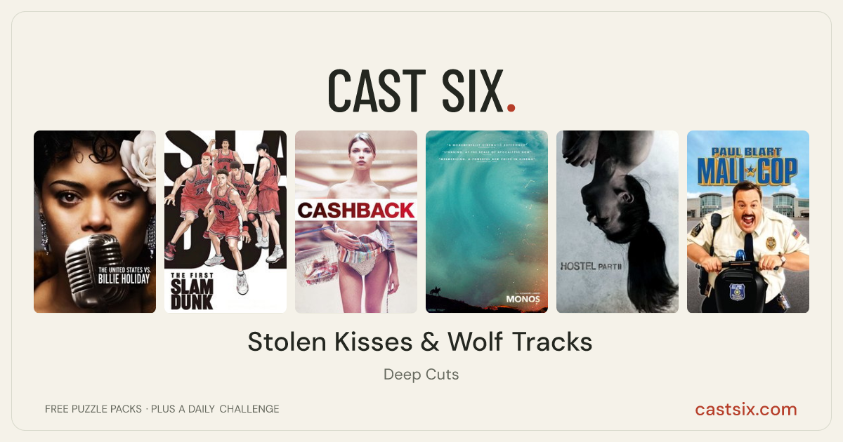 Stolen Kisses & Wolf Tracks: a Cast Six movie puzzle. Six movie posters in a row: The United States vs. Billie Holiday, The First Slam Dunk, Cashback, Monos, Hostel: Part II, Paul Blart: Mall Cop. Six movies, six categories, three checks. Free to play at castsix.com.