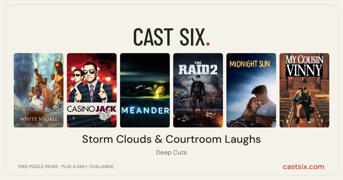 Storm Clouds & Courtroom Laughs: a Cast Six movie puzzle. Six movie posters in a row: White Squall, Casino Jack, Meander, The Raid 2, Midnight Sun, My Cousin Vinny. Six movies, six categories, three checks. Free to play at castsix.com.