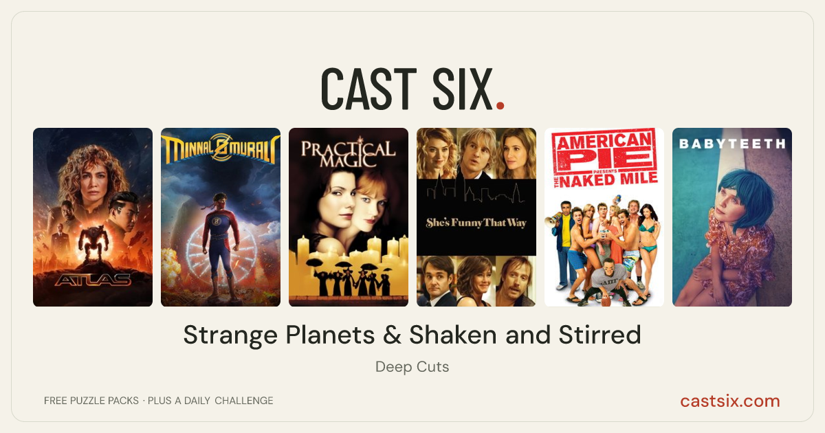 Strange Planets & Shaken and Stirred: a Cast Six movie puzzle. Six movie posters in a row: Atlas, Minnal Murali, Practical Magic, She's Funny That Way, American Pie Presents: The Naked Mile, Babyteeth. Six movies, six categories, three checks. Free to play at castsix.com.