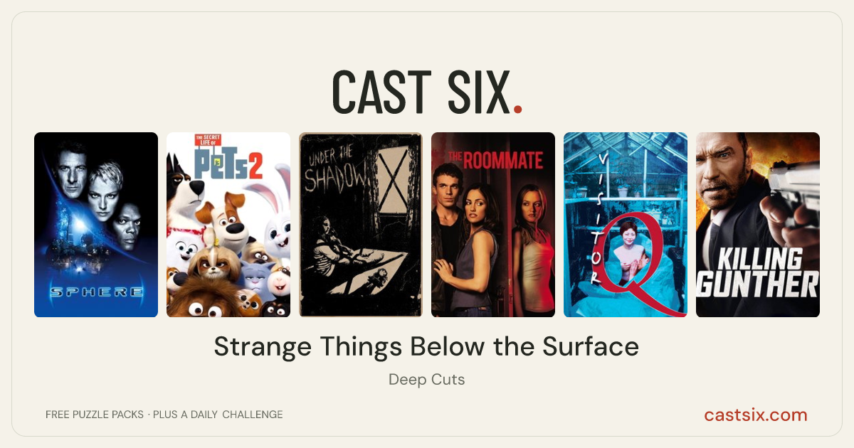 Strange Things Below the Surface: a Cast Six movie puzzle. Six movie posters in a row: Sphere, The Secret Life of Pets 2, Under the Shadow, The Roommate, Visitor Q, Killing Gunther. Six movies, six categories, three checks. Free to play at castsix.com.
