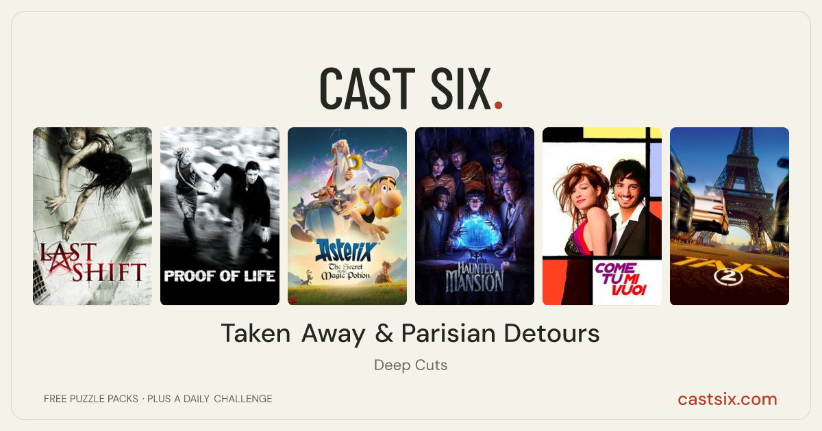 Taken Away & Parisian Detours: a Cast Six movie puzzle. Six movie posters in a row: Last Shift, Proof of Life, Asterix: The Secret of the Magic Potion, Haunted Mansion, Come tu mi vuoi, Taxi 2. Six movies, six categories, three checks. Free to play at castsix.com.