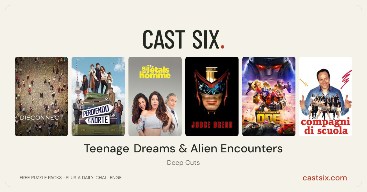 Teenage Dreams & Alien Encounters: a Cast Six movie puzzle. Six movie posters in a row: Disconnect, Off Course, If I Were a Boy, Judge Dredd, Transformers One, Compagni di scuola. Six movies, six categories, three checks. Free to play at castsix.com.