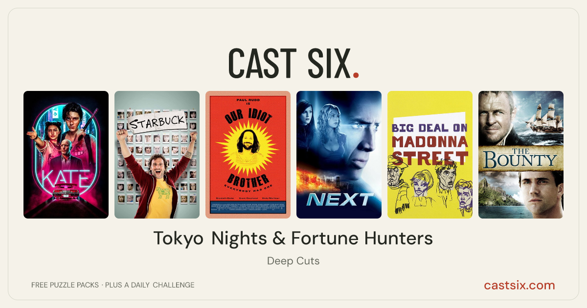Tokyo Nights & Fortune Hunters: a Cast Six movie puzzle. Six movie posters in a row: Kate, Starbuck, Our Idiot Brother, Next, Big Deal on Madonna Street, The Bounty. Six movies, six categories, three checks. Free to play at castsix.com.