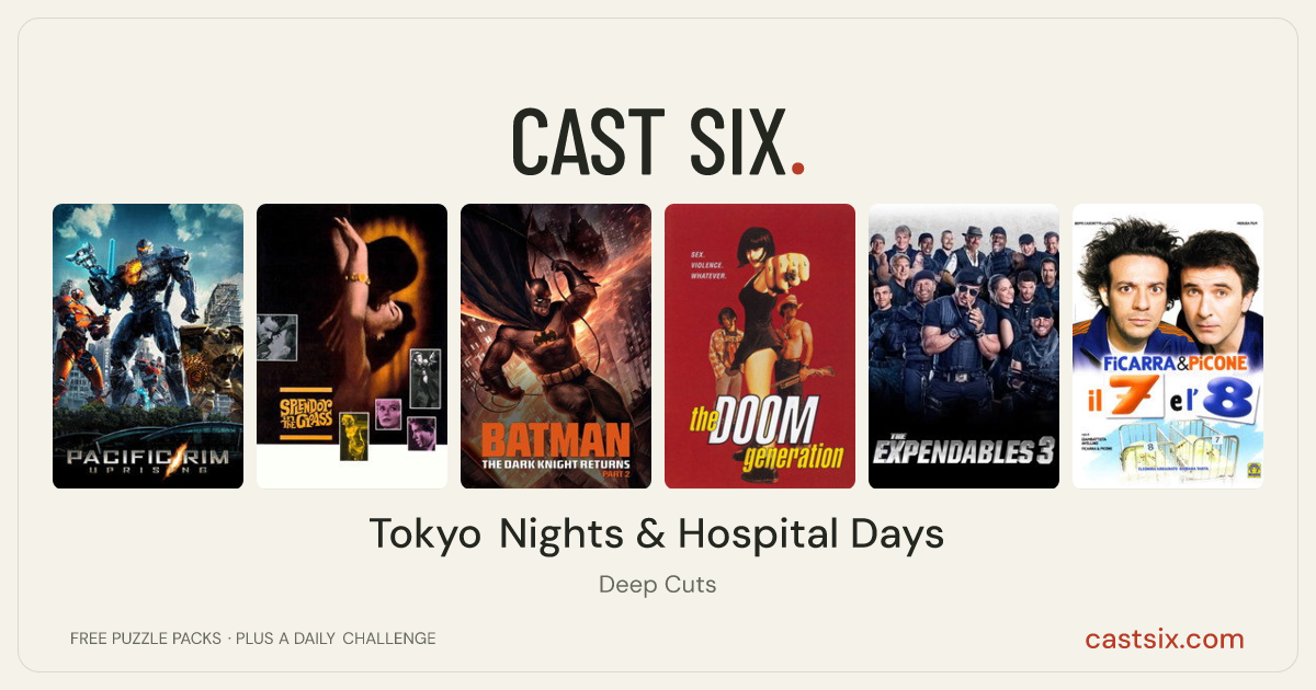 Tokyo Nights & Hospital Days: a Cast Six movie puzzle. Six movie posters in a row: Pacific Rim: Uprising, Splendor in the Grass, Batman: The Dark Knight Returns, Part 2, The Doom Generation, The Expendables 3, 7 and 8. Six movies, six categories, three checks. Free to play at castsix.com.