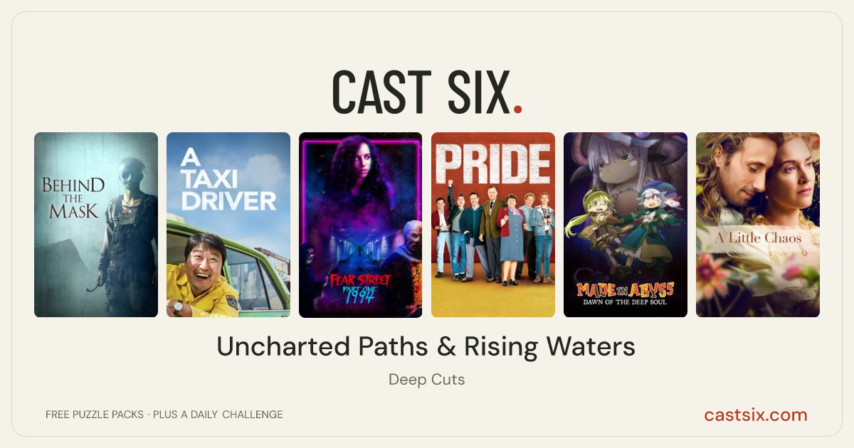 Uncharted Paths & Rising Waters: a Cast Six movie puzzle. Six movie posters in a row: Behind the Mask: The Rise of Leslie Vernon, A Taxi Driver, Fear Street: 1994, Pride, Made in Abyss: Dawn of the Deep Soul, A Little Chaos. Six movies, six categories, three checks. Free to play at castsix.com.