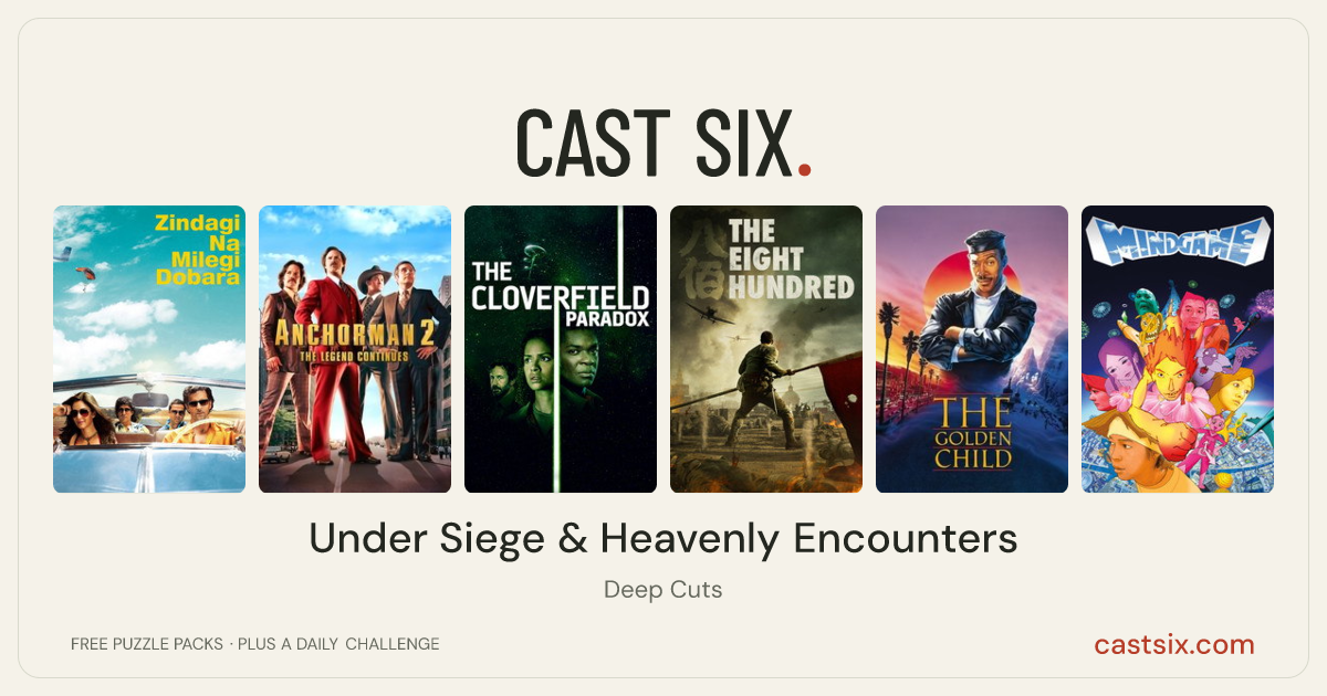 Under Siege & Heavenly Encounters: a Cast Six movie puzzle. Six movie posters in a row: Zindagi Na Milegi Dobara, Anchorman 2: The Legend Continues, The Cloverfield Paradox, The Eight Hundred, The Golden Child, Mind Game. Six movies, six categories, three checks. Free to play at castsix.com.