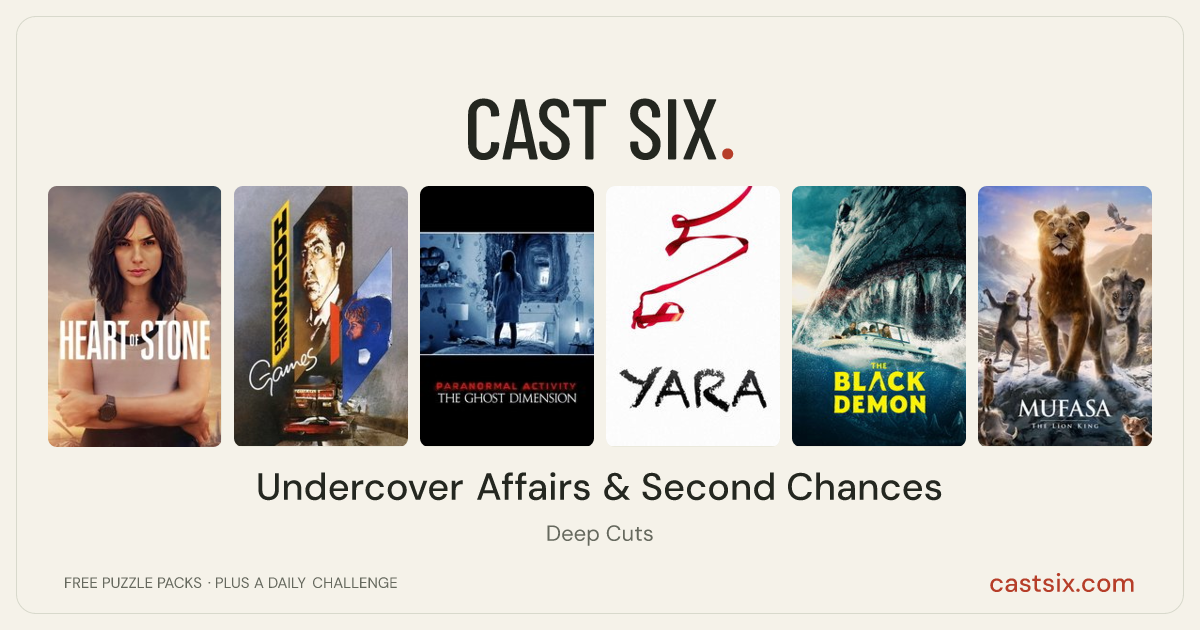 Undercover Affairs & Second Chances: a Cast Six movie puzzle. Six movie posters in a row: Heart of Stone, House of Games, Paranormal Activity: The Ghost Dimension, Yara, The Black Demon, Mufasa: The Lion King. Six movies, six categories, three checks. Free to play at castsix.com.
