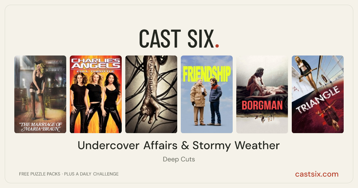 Undercover Affairs & Stormy Weather: a Cast Six movie puzzle. Six movie posters in a row: The Marriage of Maria Braun, Charlie's Angels: Full Throttle, Pandorum, Friendship, Borgman, Triangle. Six movies, six categories, three checks. Free to play at castsix.com.