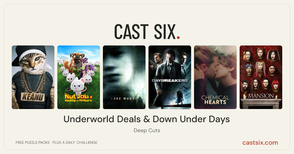 Underworld Deals & Down Under Days: a Cast Six movie puzzle. Six movie posters in a row: Keanu, The Nut Job 2: Nutty by Nature, Lake Mungo, Daybreakers, Chemical Hearts, The Mansion. Six movies, six categories, three checks. Free to play at castsix.com.