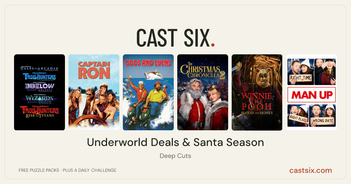 Underworld Deals & Santa Season: a Cast Six movie puzzle. Six movie posters in a row: Trollhunters: Rise of the Titans, Captain Ron, Odds and Evens, The Christmas Chronicles: Part Two, Winnie the Pooh: Blood and Honey, Man Up. Six movies, six categories, three checks. Free to play at castsix.com.